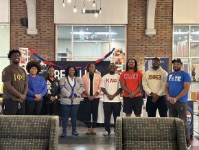 Leaders of the National Pan Hellenic Council stand together in Cromer Center Lobby