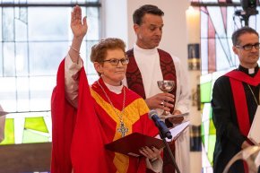 Bishop Susan Briner offers a blessing with Revs. Todd Cutter and Chad Rimmer in the background