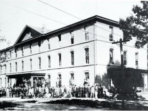 A black and white archive photo of Highland Hall