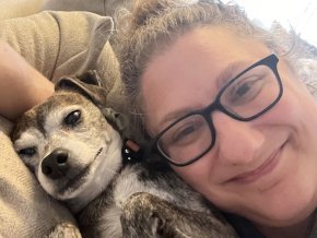 Kat Heiden and her dog in close-up