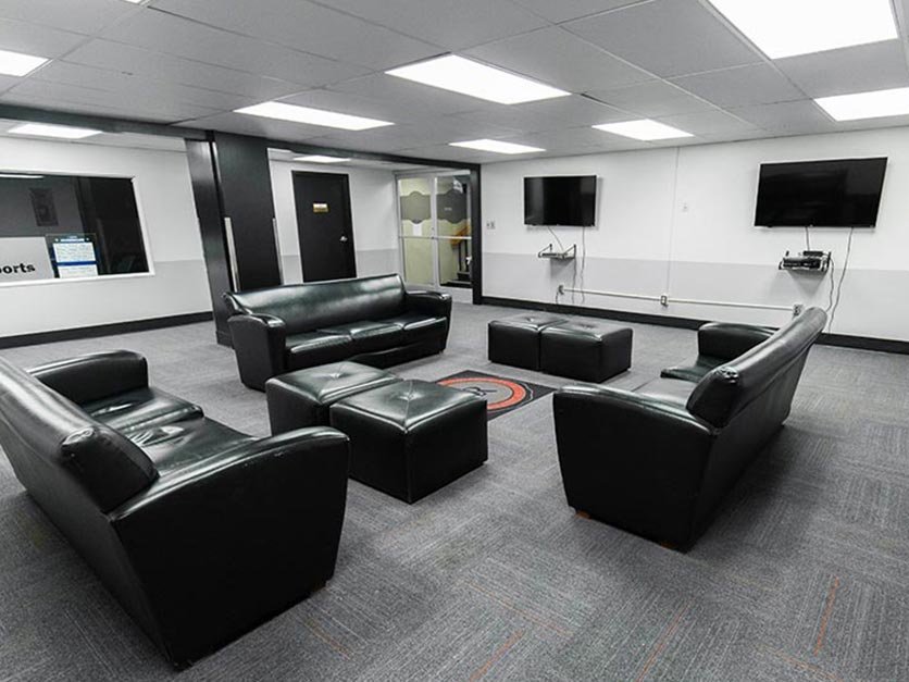 The update student lounge in Cromer Center.