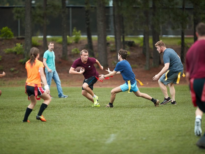 Students play flag football