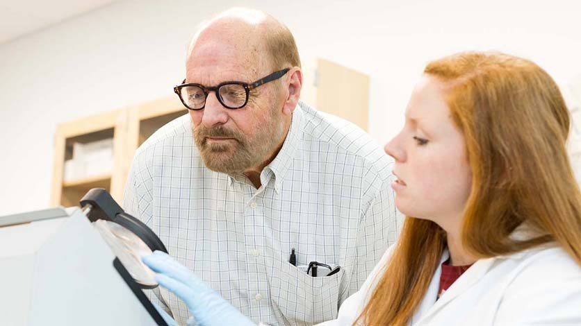 Student researcher works with professor in lab